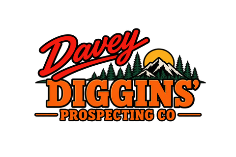 Davey Diggins’ Prospecting Co. logo: script Davey, mountains and sun over DIGGINS’, Prospecting Co.